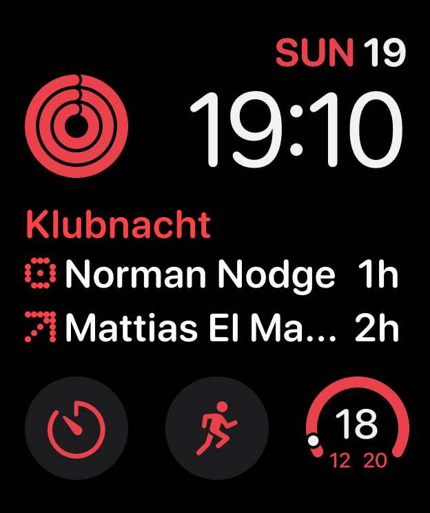 A watch face complication showing the next acts